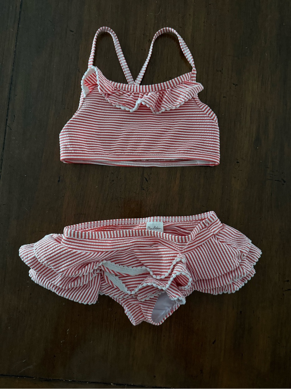 Mini Boden Red & White Striped Ruffle Bikini Set